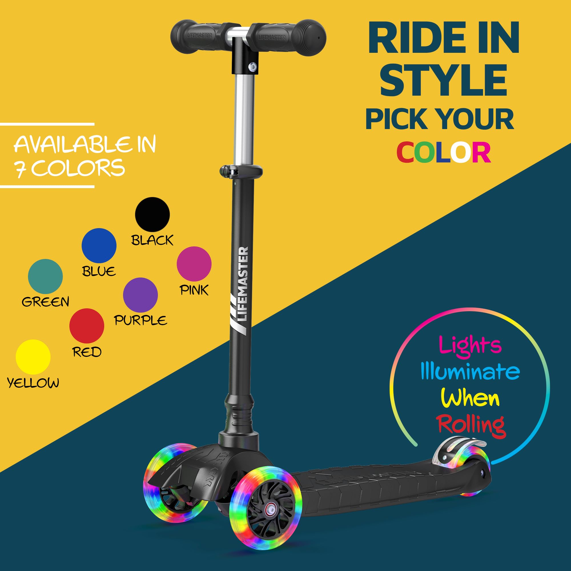 Lifemaster Mini 3-Wheel Kids Scooter with Multi-Color Wheel Lights - 4-Height Adjustable Handlebar, Wide Anti-Slip Deck, Child S