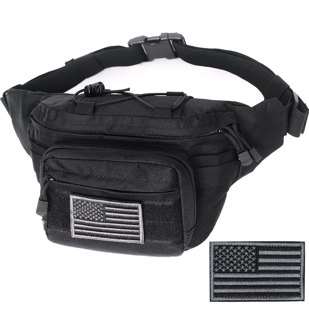 Tactical Fanny Pack, Military Waist Bag Hip Belt Bumbag Utility Bags For Outdoor Hiking Climbing Fishing With U.S Patch (Black)