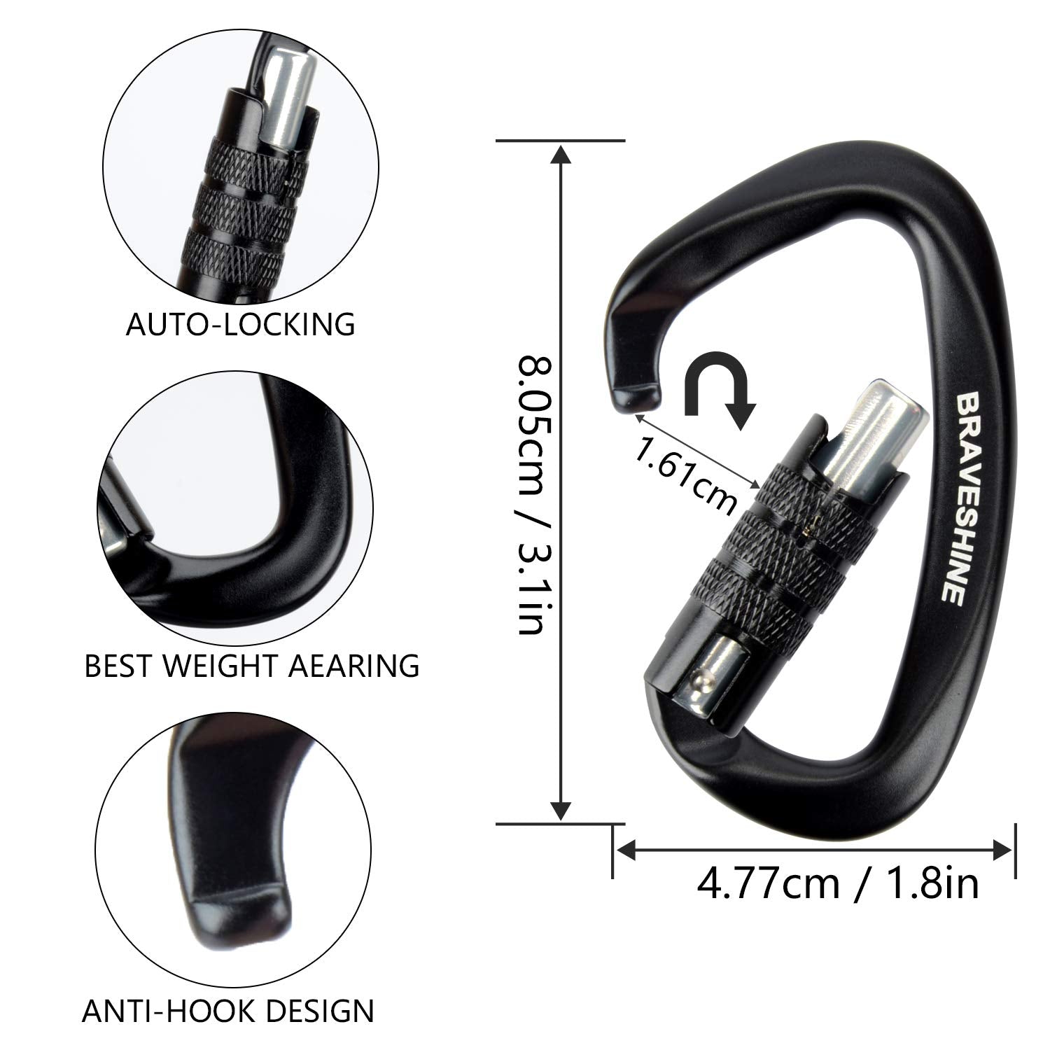 Heavy Duty Carabiner Clips 12Kn Aluminum D Ring Auto Locking Caribeaner Hooks