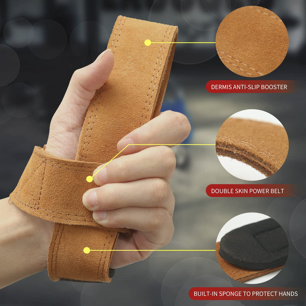 Strong Leather Power Lifting Straps Wrist Grips-Deadlift Straps With Neoprene Wrist Padded And Anti-Skid Silicone-For Weightlift