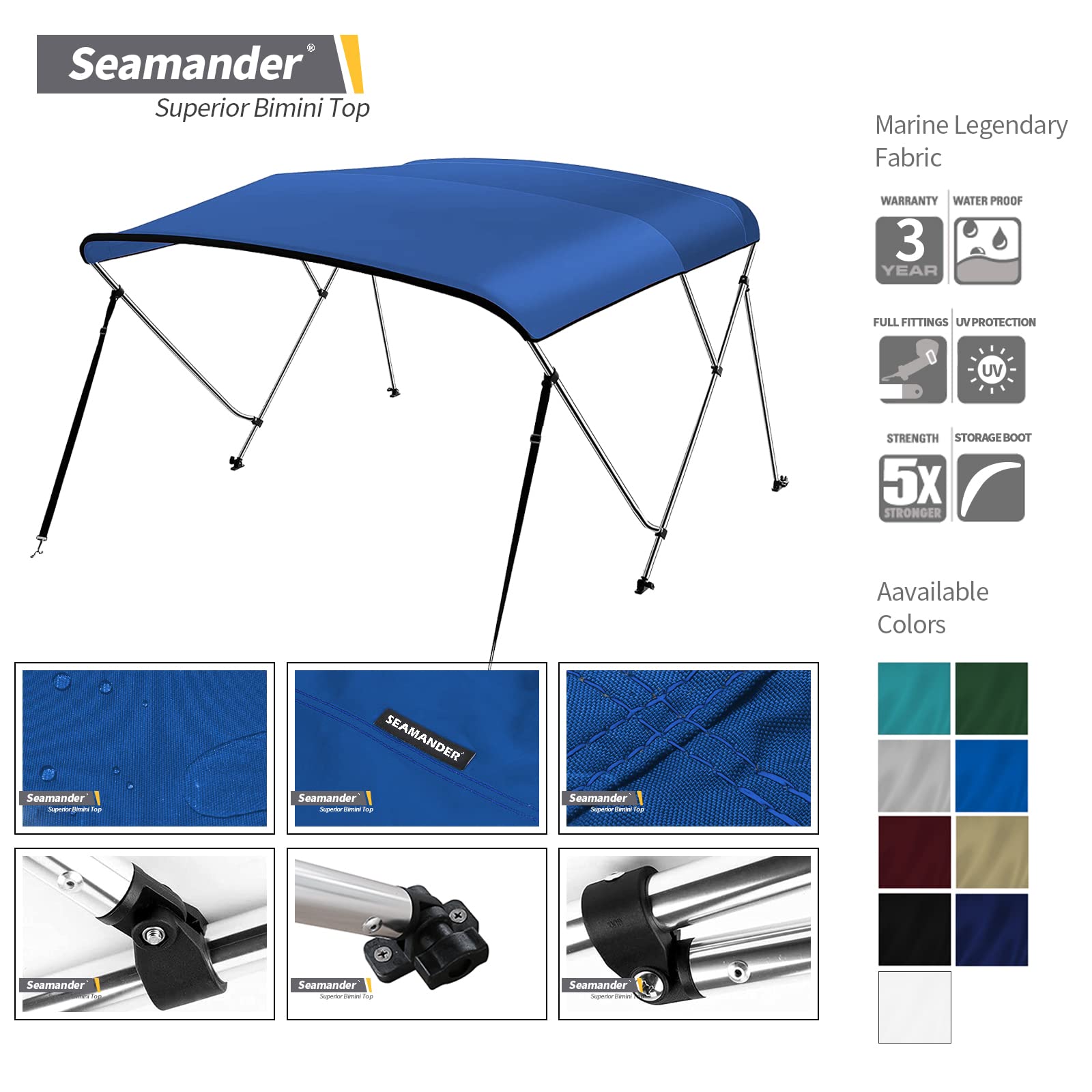 Seamander Bimini Top For Boats,3-4 Bow 13 Different Size Bimini Tops,Includes Bimini Top Hardwares And Boot Cover,3 Bow 6Ft Leng