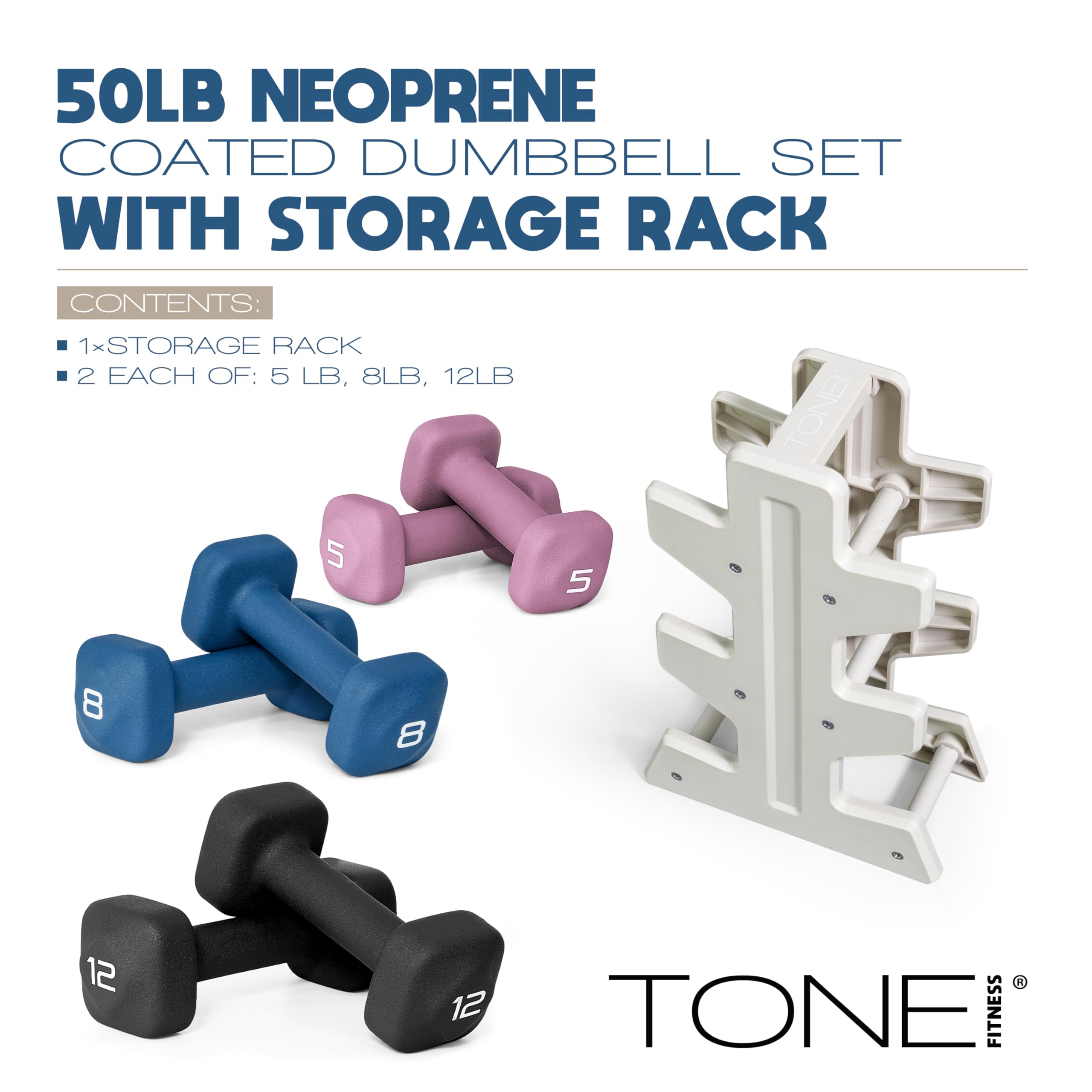 Tone Fitness 50 LB Neoprene Dumbbell Set with Storage Rack - Non-Slip, Anti-Roll Hand Weights for Home Gym Workouts - Mixed Colo