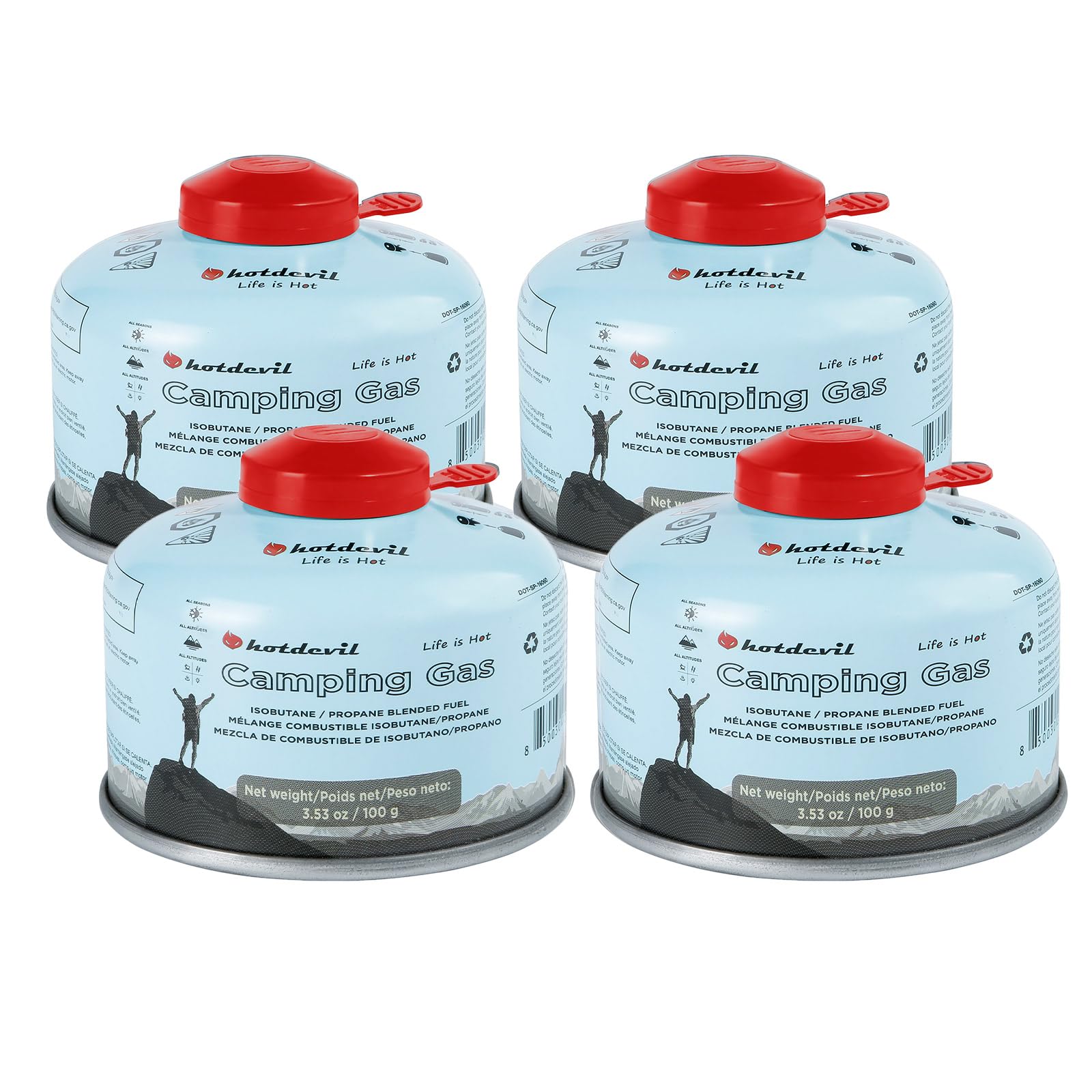 Hotdevil 100 Grams Camping Stove Fuel Butane Propane Blend Isobutane Fuel Canister (4 packs) Camping Fuel Gas Canister Light-wei