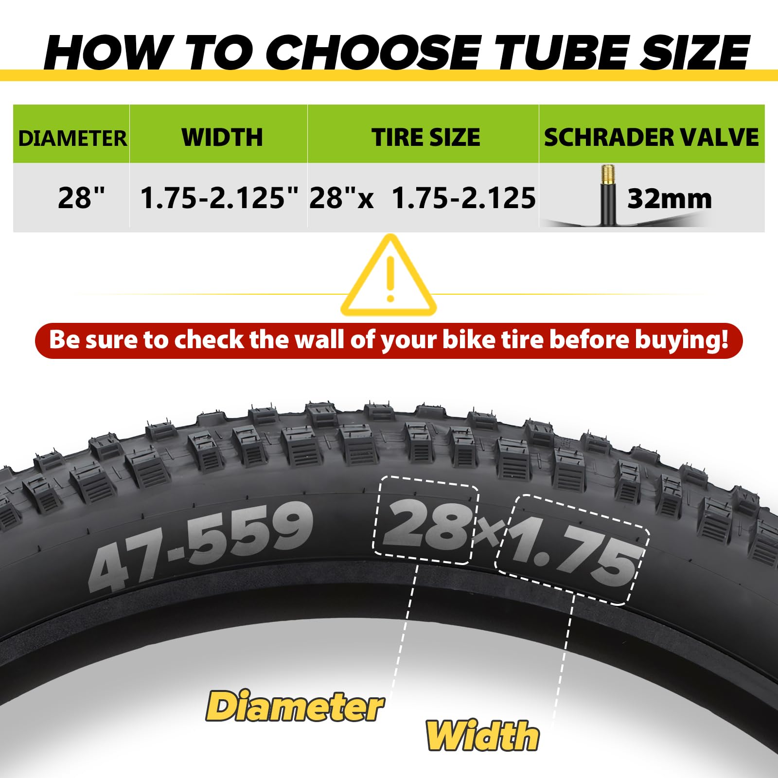 Hydencamm 2 Pack 28 Inch Inner Tube Fit 1.75/1.95/2.125 with 32mm Schrader Valve, 28  1.75/2.125 with 2PCS Levers, 28    Bicycle