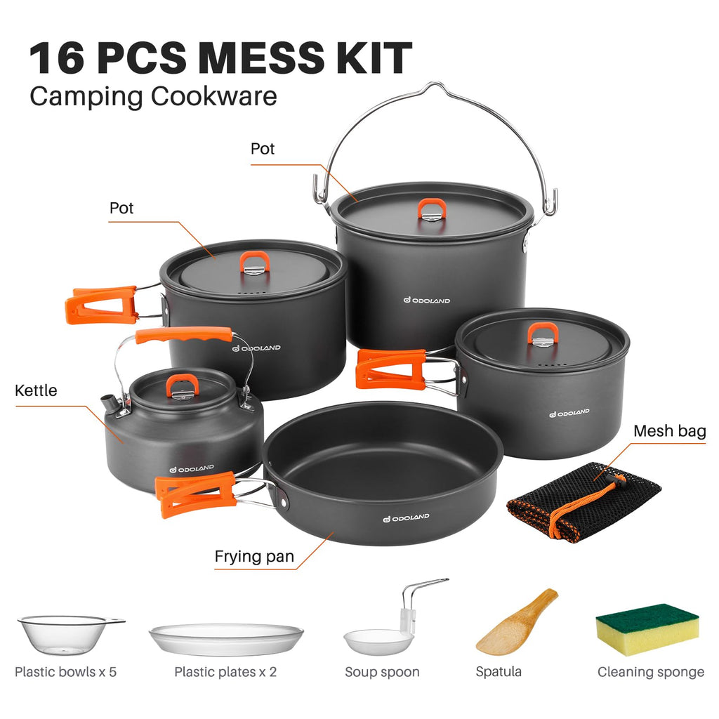 Odoland 18Pcs Camping Cookware Large Size Hanging Pot Pan Kettle Set With Plastic Plates Bowls Soup Spoon For Camping, Backpacki