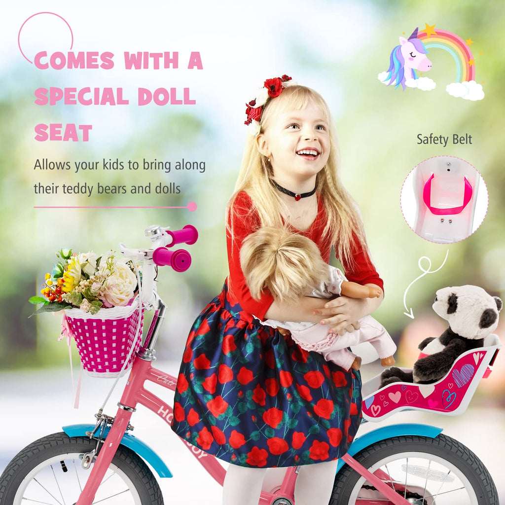 Baby Joy Kids Bike, 14 Inch Kids Bicycle W/Training Wheels, Adjustable Seat Handlebar Height, Storage Basket, Doll Seat, Handbra