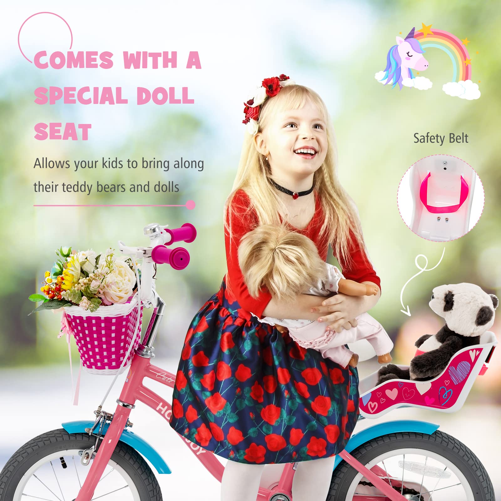 Baby Joy Kids Bike, 14 Inch Kids Bicycle W/Training Wheels, Adjustable Seat Handlebar Height, Storage Basket, Doll Seat, Handbra