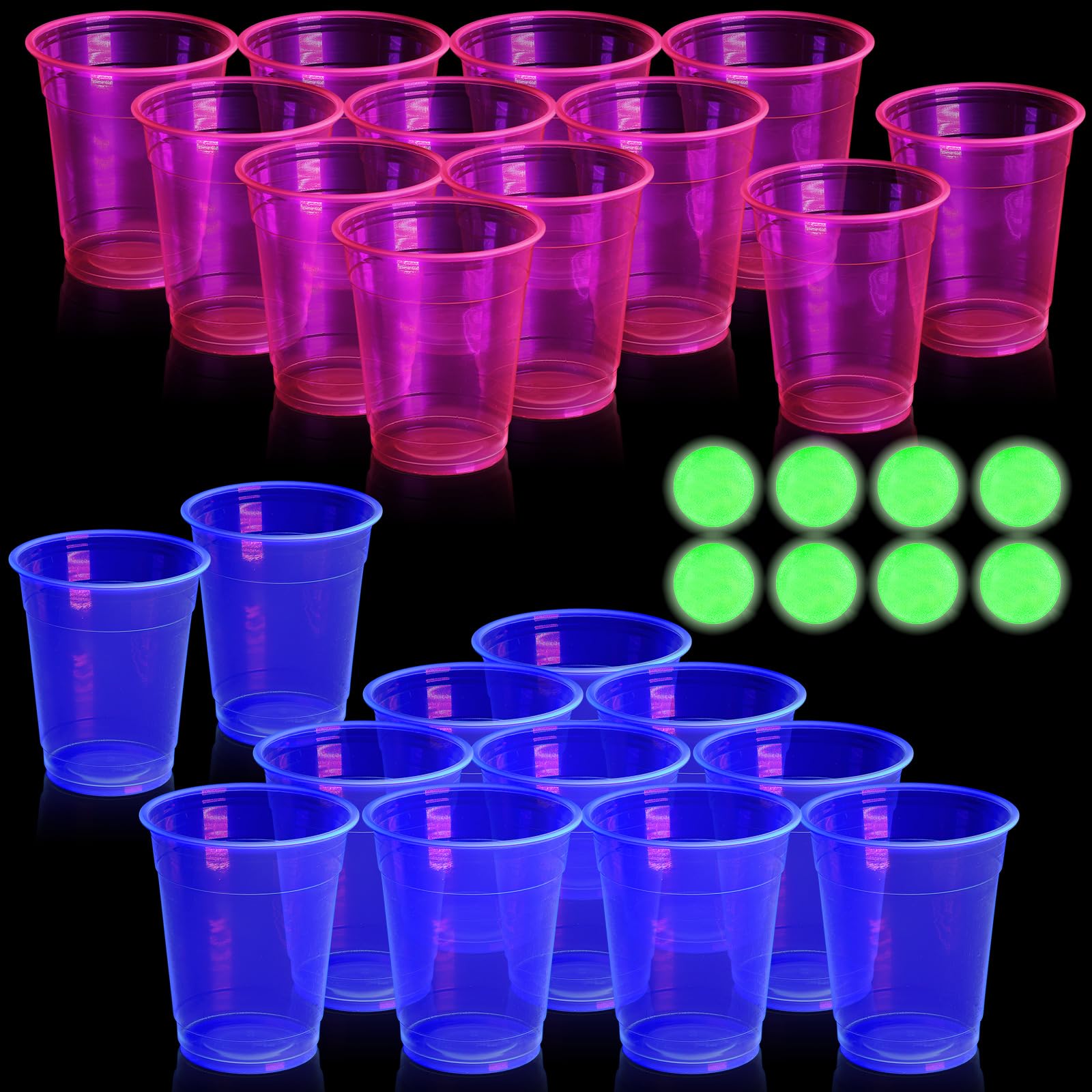 Ferrochef 32 Pcs Glow in the Dark Party Table Tennis Game Set Include 24 Pcs Glowing Plastic Cups and 8 Balls for Indoor Outdoor