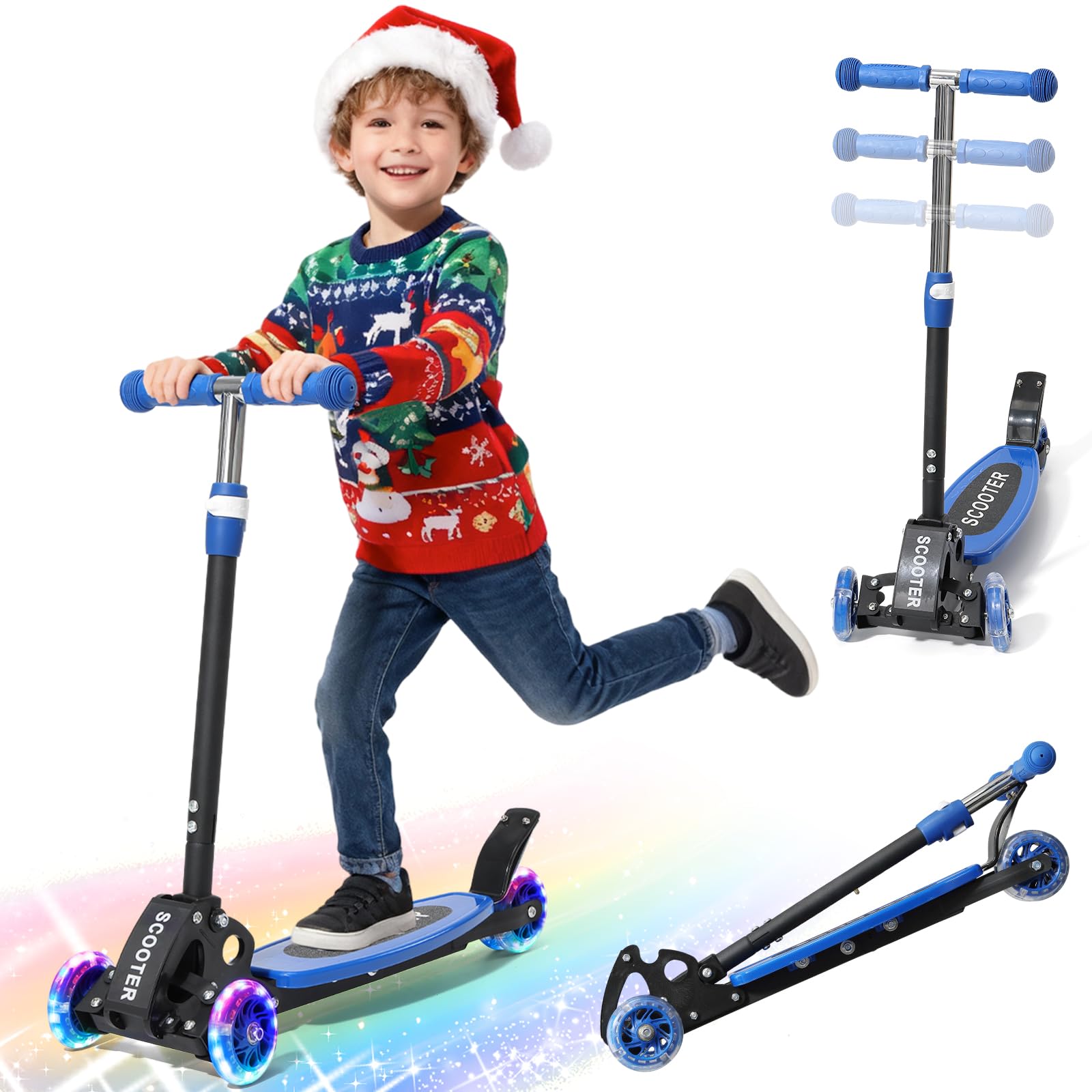 Kick Scooter for Kid 3-5 5-7,LED Lighted 3 Wheels,Folding Scooter, Lean to Steer,Adjustable Height,Widen Anti-Slip Deck, Heavy D