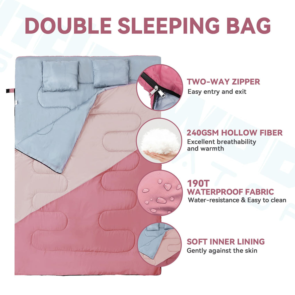 Double Sleeping Bag For Adults Kids - Lightweight 2 Person Sleeping Bag With Pillow, Queen Size Waterproof Camping Sack Two Pers