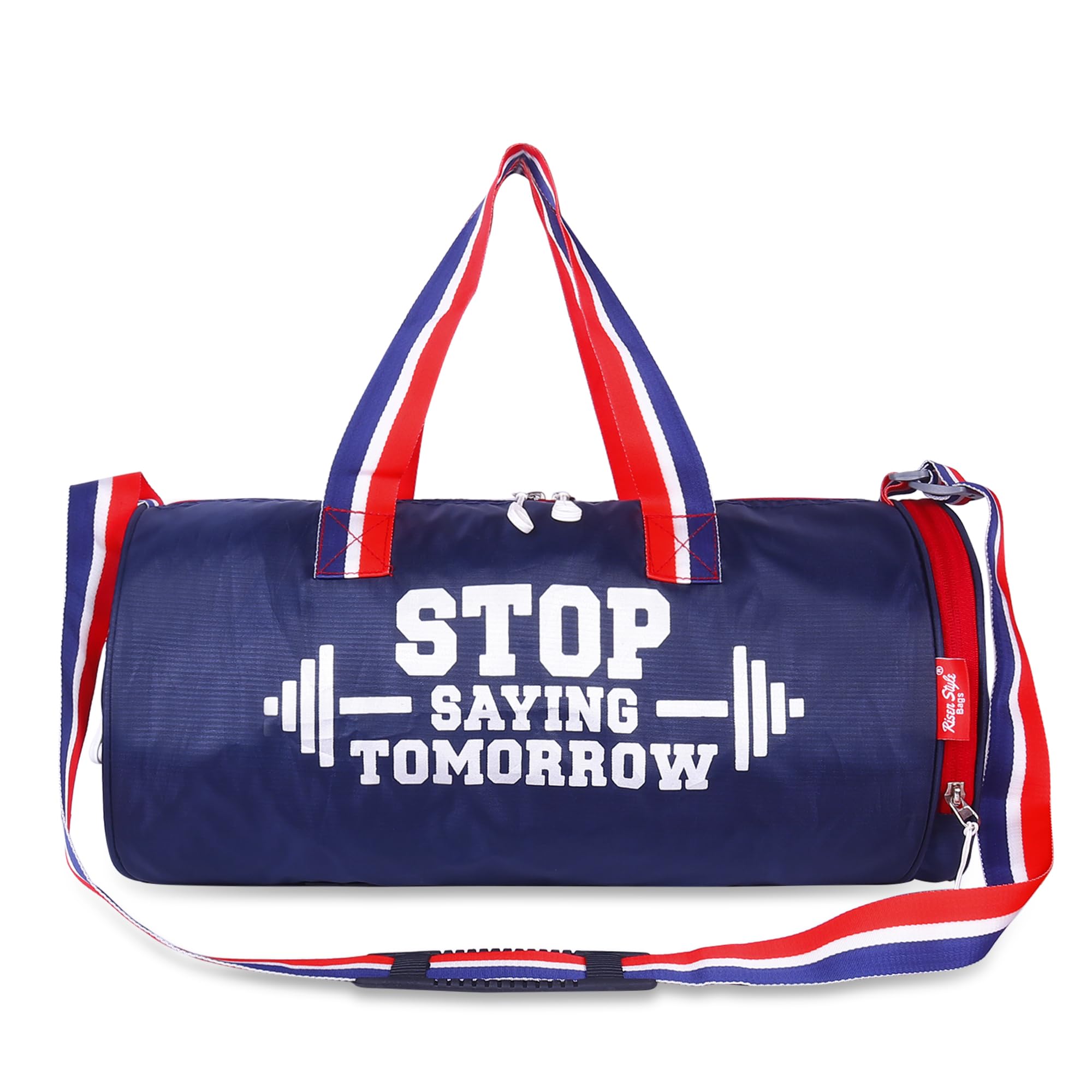 Gym Duffle Bag With Shoe Compartment, Navy Blue And Light Blue, 25L Capacity, Motivational Quote Design