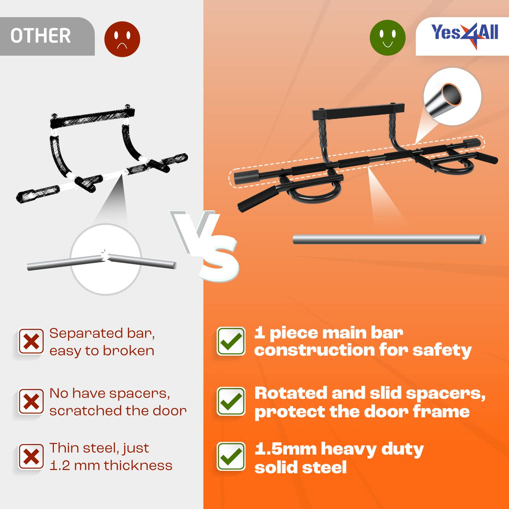 Yes4All Pull Up Bar For Doorway & Ab Straps, Solid 1 Piece Main Bar Construction, Multi Grips Pullup Bar For Home Gym Workout, N