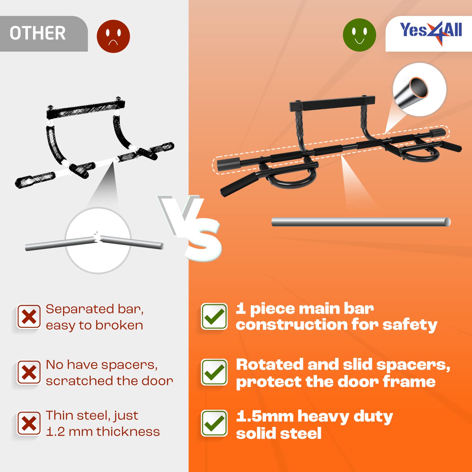 Yes4All Pull Up Bar For Doorway & Ab Straps, Solid 1 Piece Main Bar Construction, Multi Grips Pullup Bar For Home Gym Workout, N