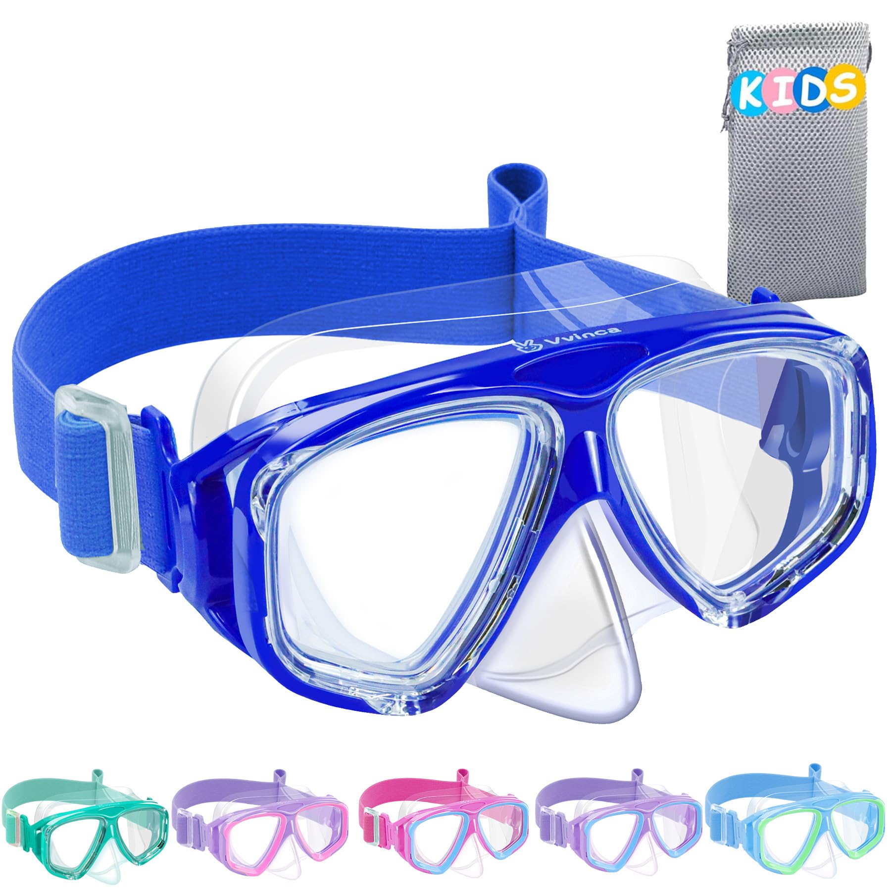 Vvinca Swim Goggles with Nose Cover, Kids Snorkeling Diving Mask Elastic Fabric Strap 180 Clear View Anti-Fog UV Protection Anti