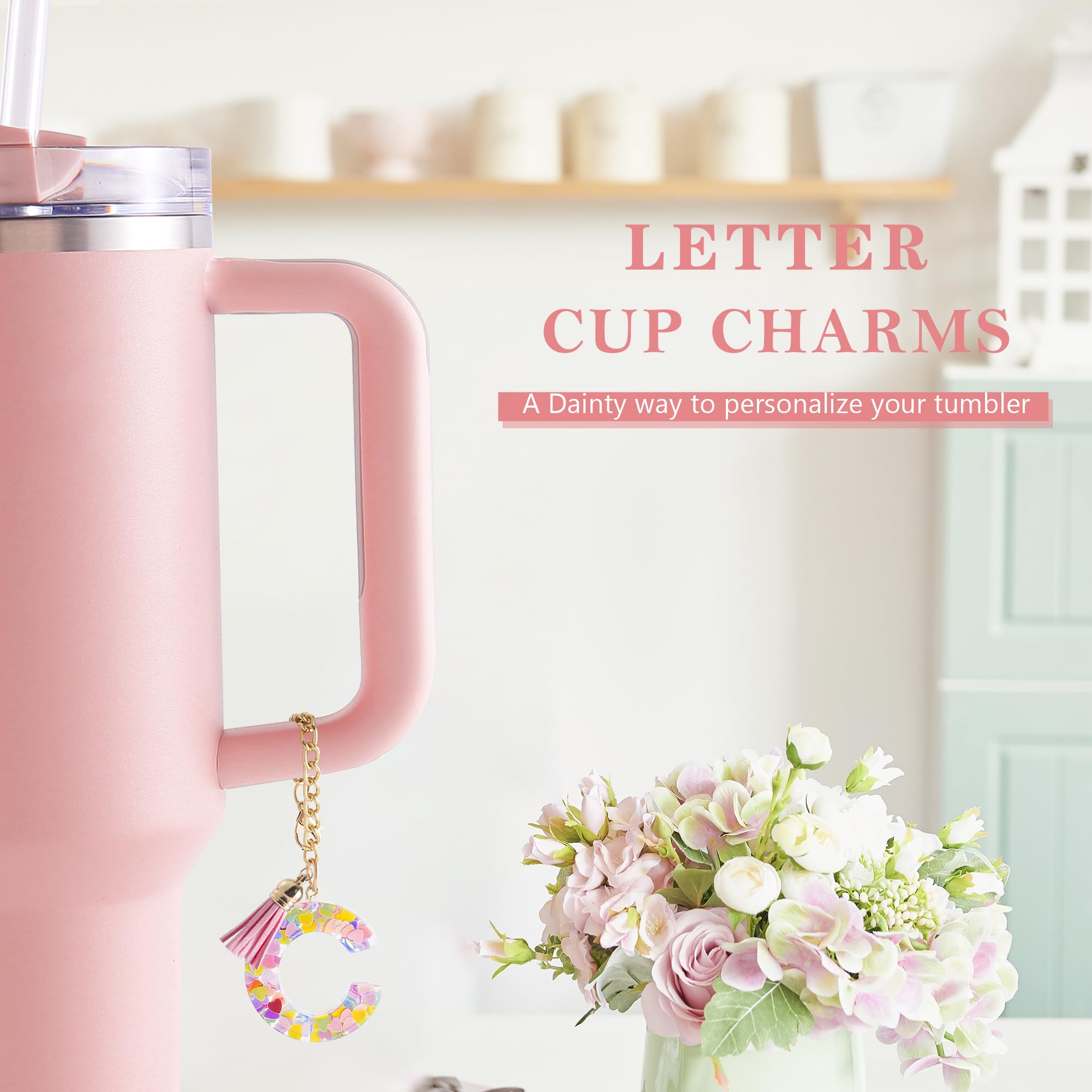 Letter Charm Accessories for Stanley Cup 1 PCS Cute Initial Keychain Handle Charm for Stanley Tumbler for Women Pink Letter C