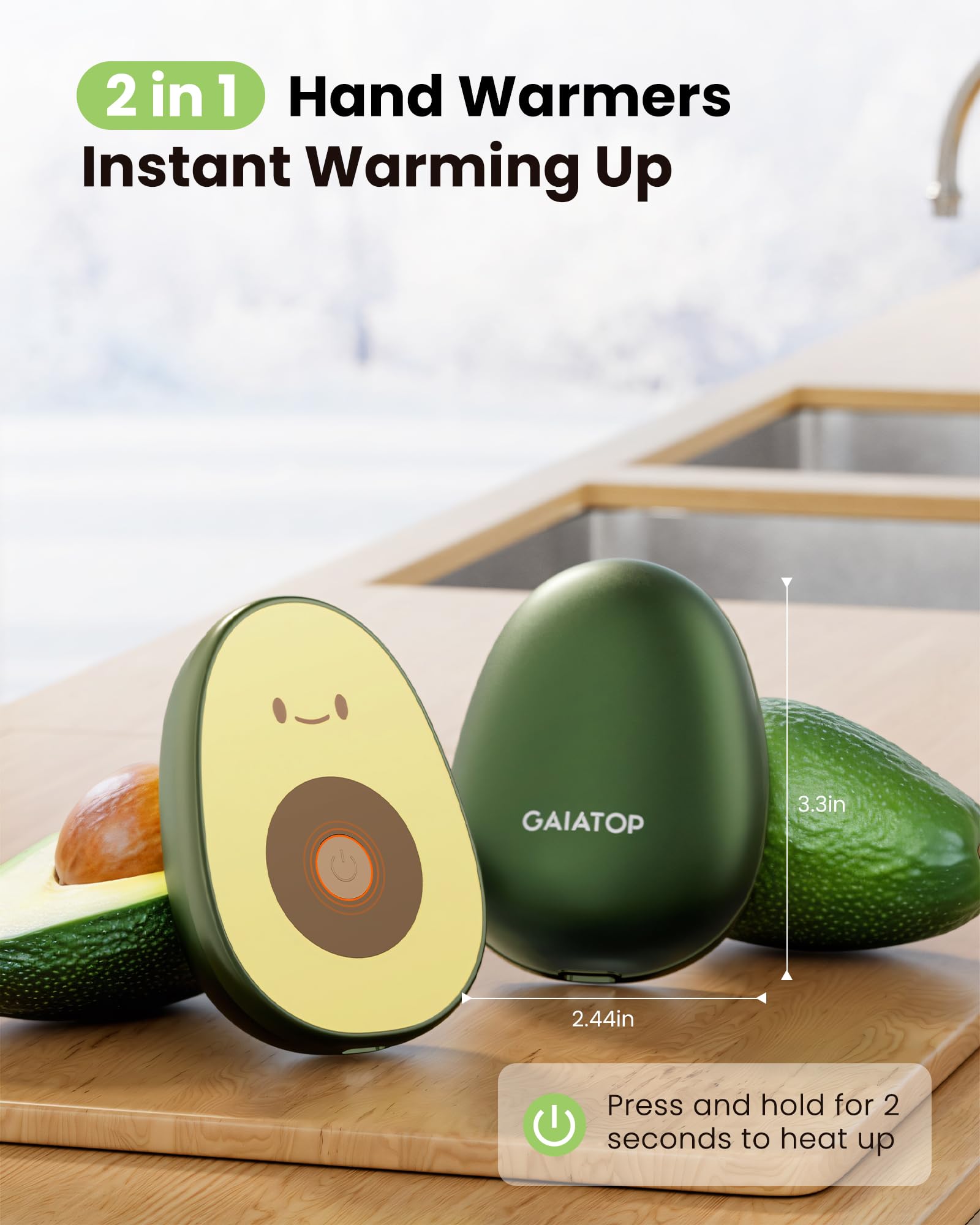 Gaiatop Hand Warmers Rechargeable 2 Pack, 4000 Mah Battery Avocados-Shaped Electric Hand Warmer With 2 Pcs Usb Cable, Reusable P