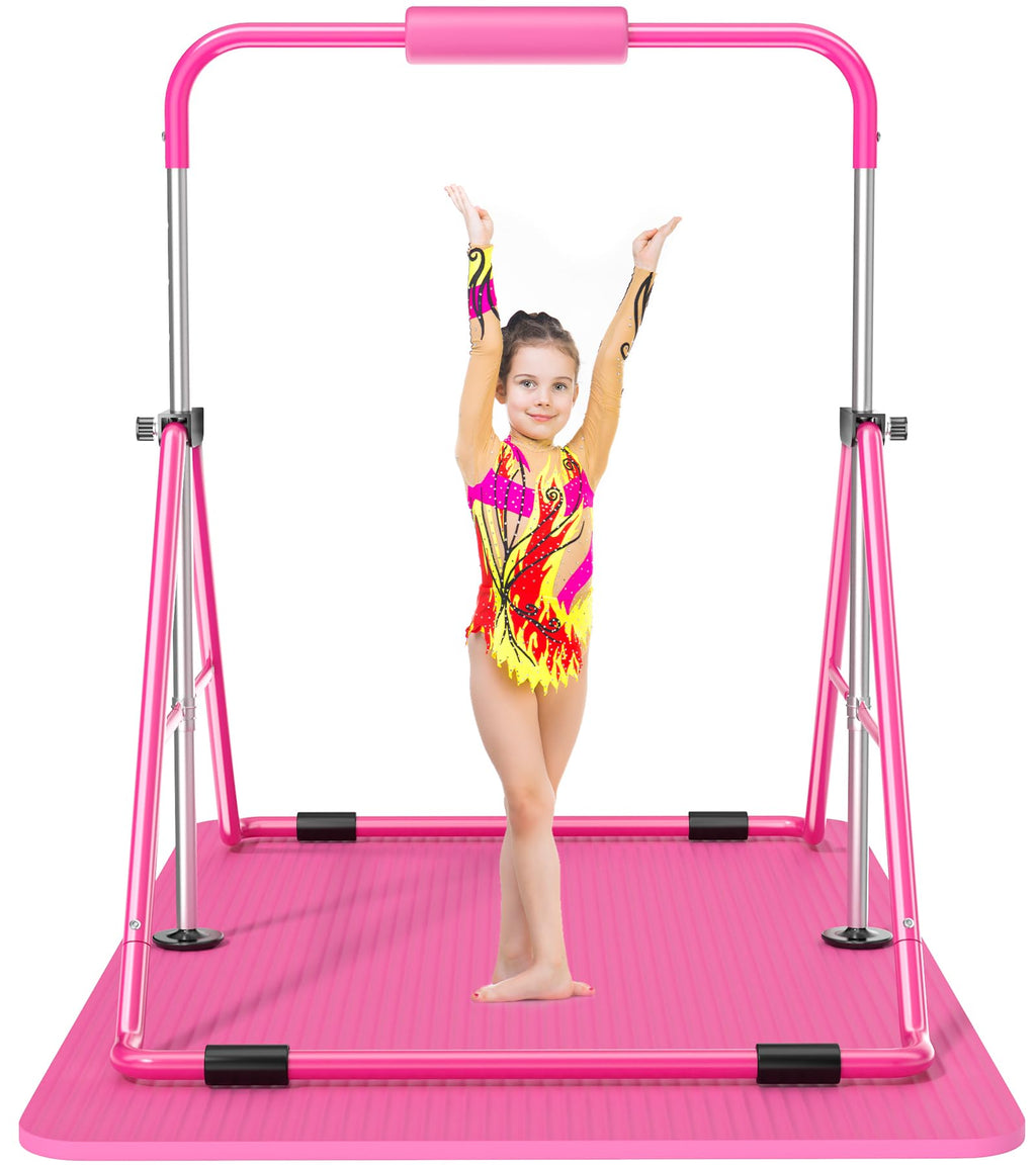 Safly Fun Expandable Gymnastics Bars Junior Training Bar Gymnastic Folding Horizontal Bars With Mat For Kids(Pink+Mat)