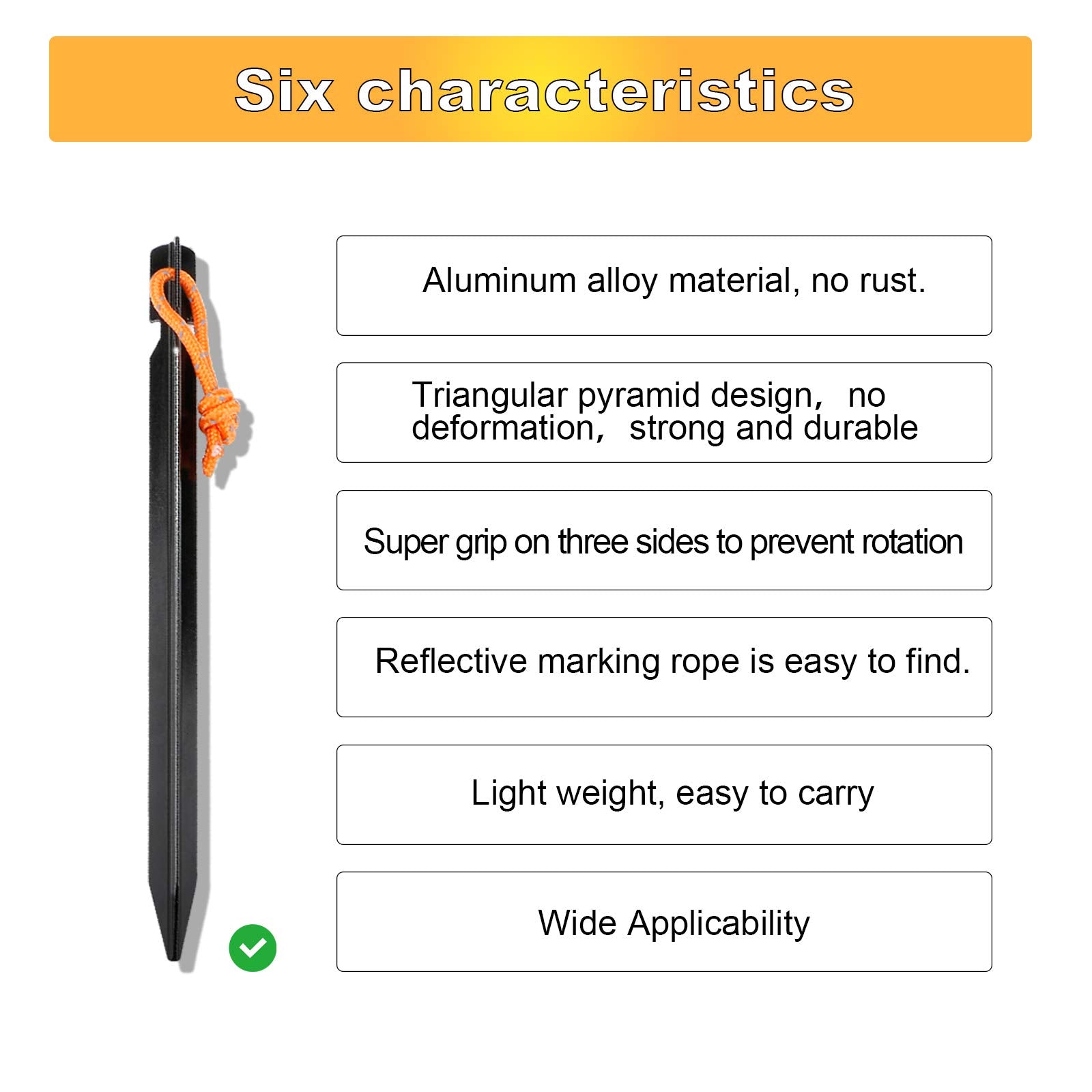 10 Pack Tent Stakes Heavy Duty, Aluminum Tent Stakes Pegs, Metal Tent Spikes, Ground Pegs With Reflective Pull Ropes, Triangular
