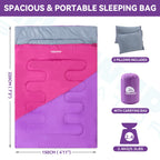 Double Sleeping Bag For Adults Kids - Lightweight 2 Person Sleeping Bag With Pillow, Queen Size Waterproof Camping Sack Two Pers