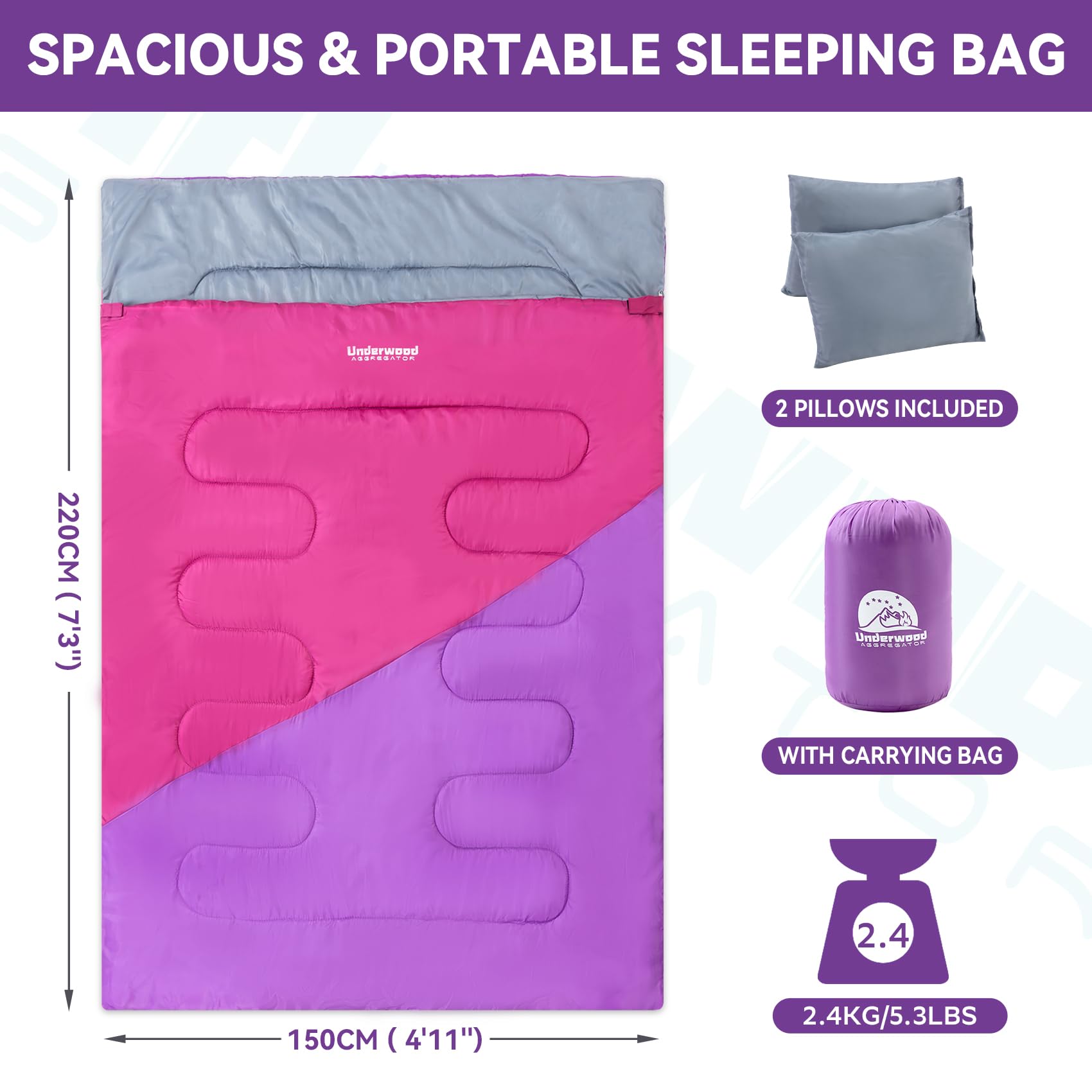 Double Sleeping Bag For Adults Kids - Lightweight 2 Person Sleeping Bag With Pillow, Queen Size Waterproof Camping Sack Two Pers