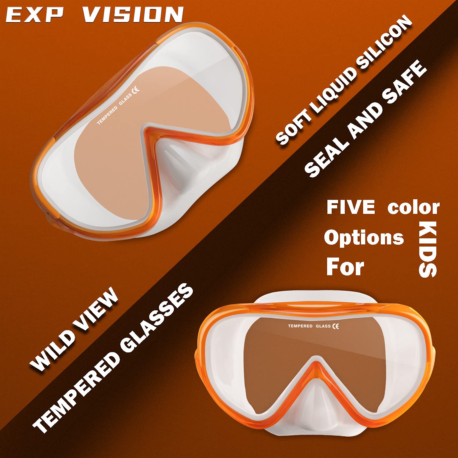 Kids Snorkel Swim Mask, Child Diving Mask Anti-Fog Swim Goggles With Nose Cover For Snorkeling Diving Swimming (Orange)