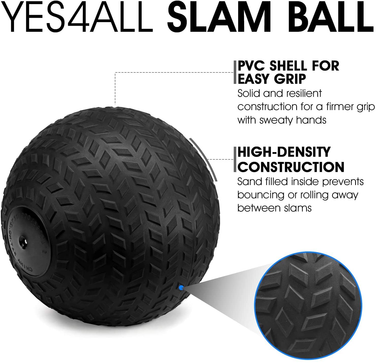 Yes4All 25 Lbs Slam Ball For Strength, Power Workout - Fitness Exercise Ball With Grip Tread & Durable Rubber Shell (25 Lbs, Bla