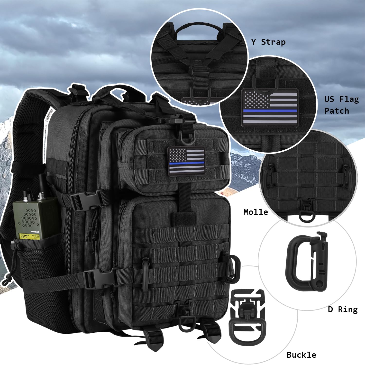 Hannibal Tactical 30L Molle Assault Pack, Tactical Backpack Military Army Camping Rucksack With Bottle Holder, 3-Day Pack, Black