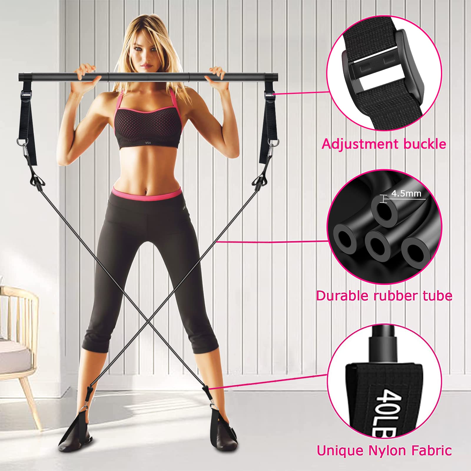 Pilates Bar Kit with Resistance Bands, Adjustable 3-Section Pilates Bar with Stackable Bands Workout Equipment for Legs,Hip,Wais