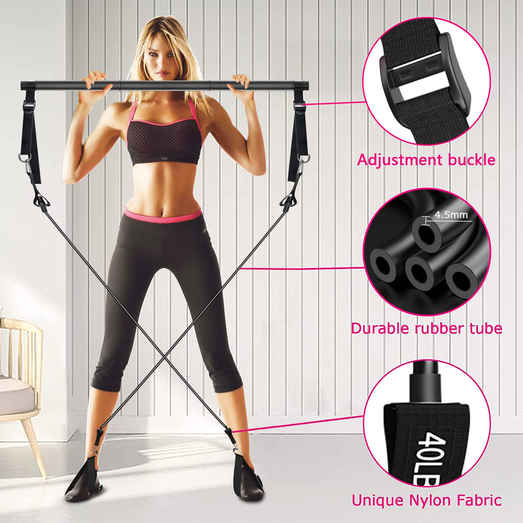 Pilates Bar Kit with Resistance Bands(4 x Bands),3-Section Pilates Bar with Stackable Bands Workout Equipment for Legs,Hip,Waist
