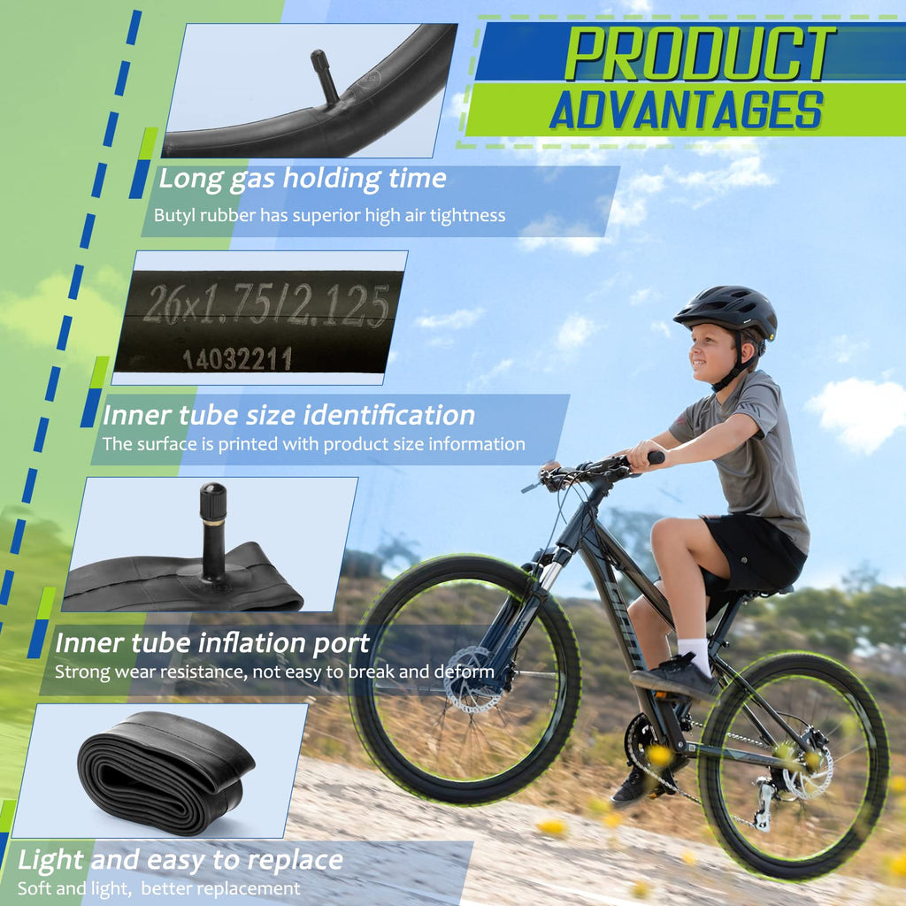 26 Inch Bike Inner Tube Fit 26'' X 1.75-2.125, Bicycle Tube 4 Pack Schrader Valve With 2 Tire Levers, Inner Tube Bicycle Upgrade