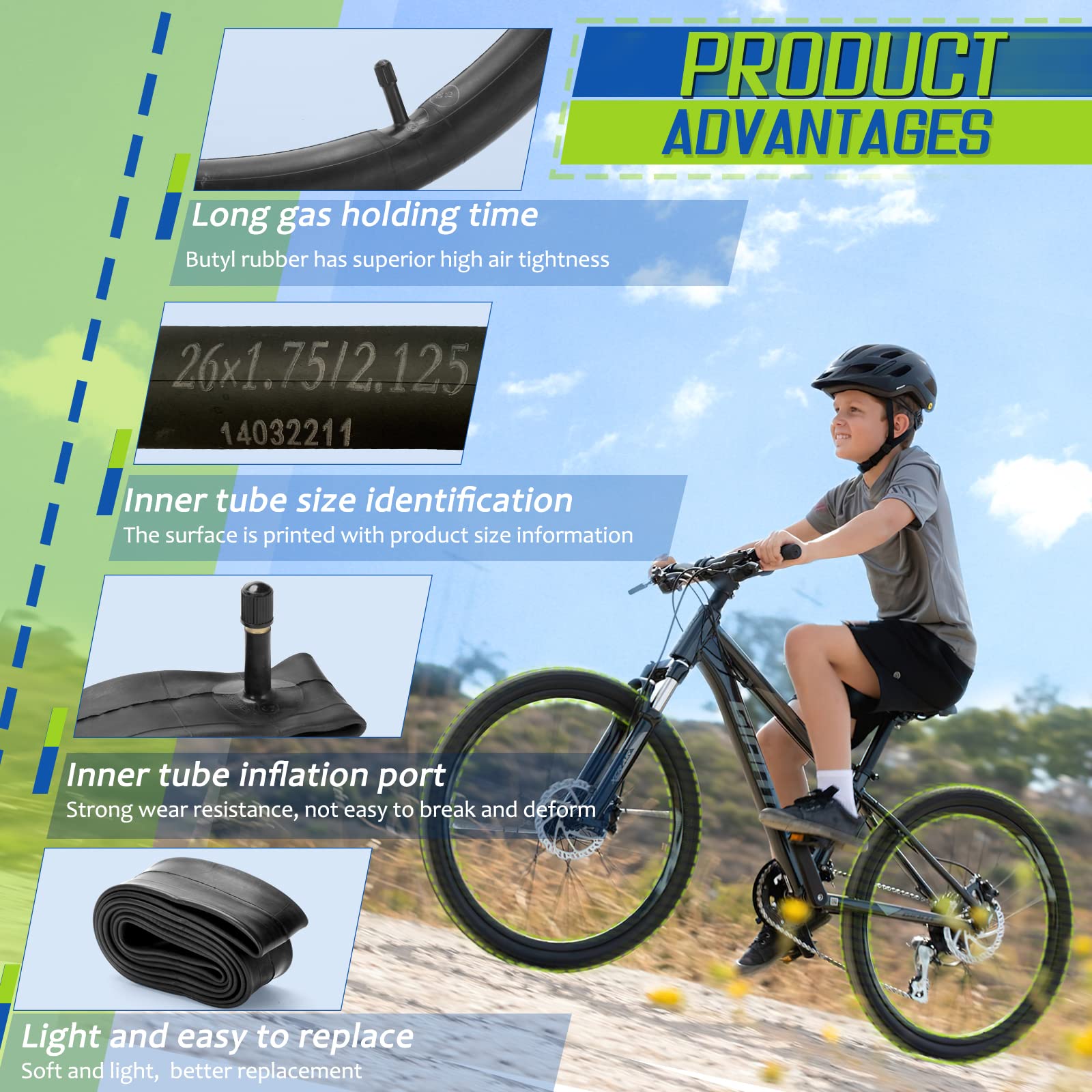26 Inch Bike Inner Tube Fit 26'' X 1.75-2.125, Bicycle Tube 4 Pack Schrader Valve With 2 Tire Levers, Inner Tube Bicycle Upgrade