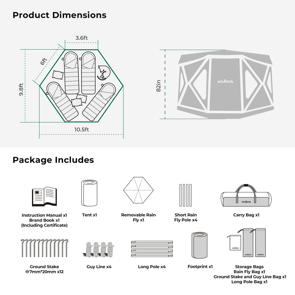Acacia Space Camping Tent Xl, 4-6 Person Large Family Tent With 6'10'' Height, 2 Doors, 8 Windows, Waterproof Pop Up Easy Setup
