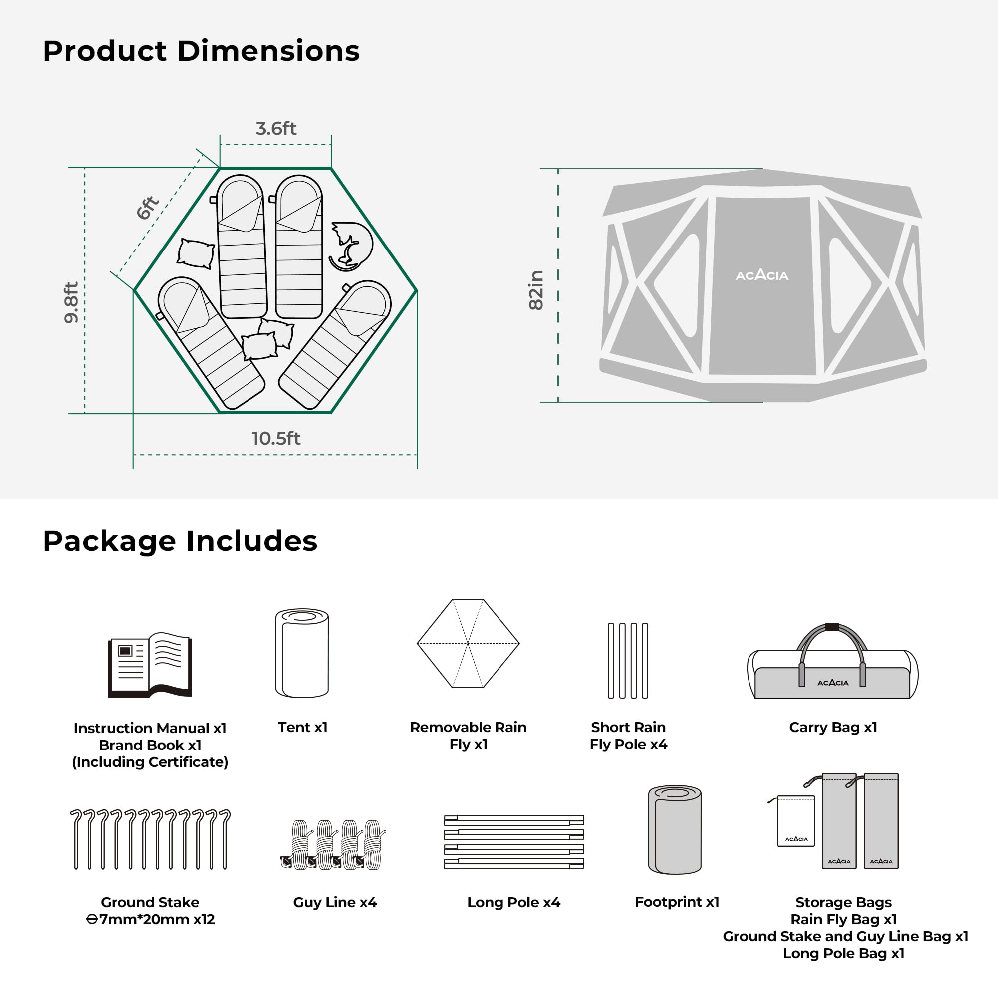 Acacia Space Camping Tent Xl, 4-6 Person Large Family Tent With 6'10'' Height, 2 Doors, 8 Windows, Waterproof Pop Up Easy Setup