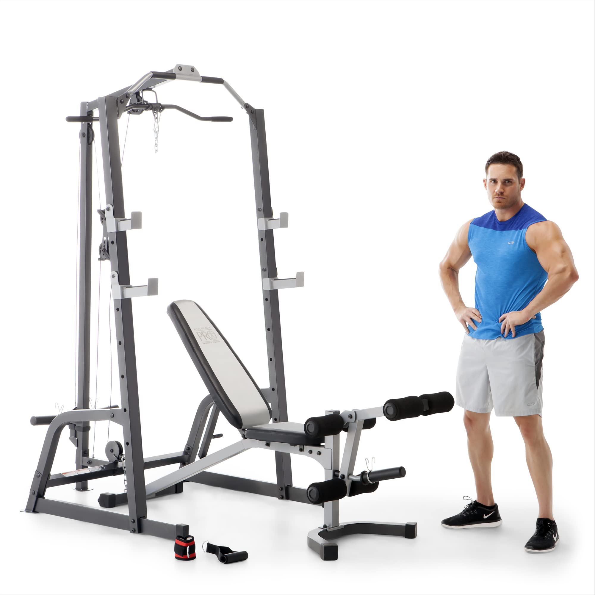 Marcy Pro Deluxe Cage System with Weightlifting Bench All-in-One Home Gym Equipment PM-5108,Black/Silver
