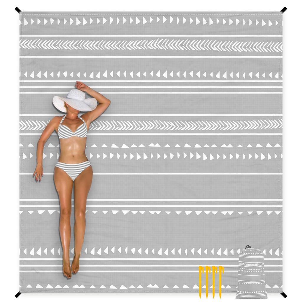 110''  118'' Extra Large Beach Blanket For 8 Adults, Outdoor Beach Mat Sand Free Waterproof With 4 Stakes & 4 Corner Pockets, Po