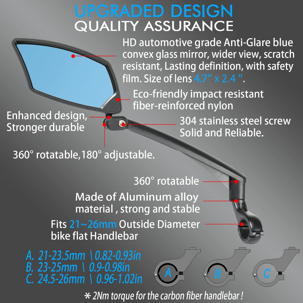 Briskmore Handlebar Bike Mirror, Anti-Glare Blue Convex Glass Lens For Flat Handlebars, Scratch Resistant, Ajustable And Rotatab