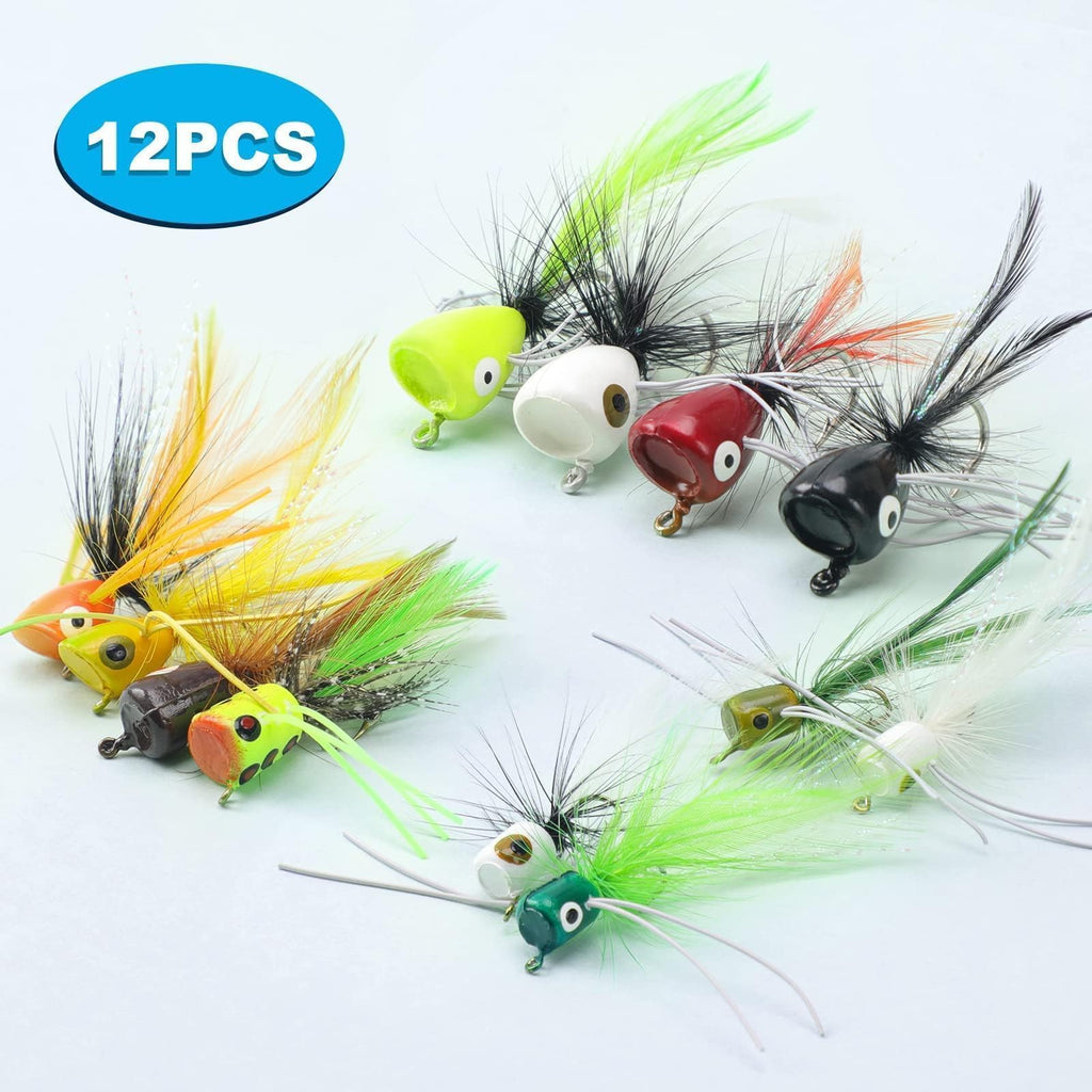 Ansnbo 12 Pcs Fly Fishing Popper Flies, Fly Popper Lures Bass Panfish Bluegill Crappie Popping Bug Sunfish Trout Salmon Poppers