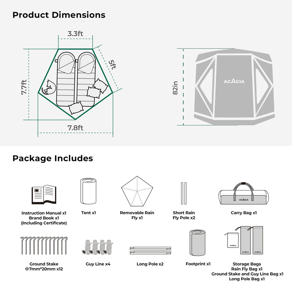 Acacia Space Tent, 2 To 3 Person Pop Up Camping Tent With 8 Windows And Footprint, Waterproof Windproof Easy Setup Hub Tent For