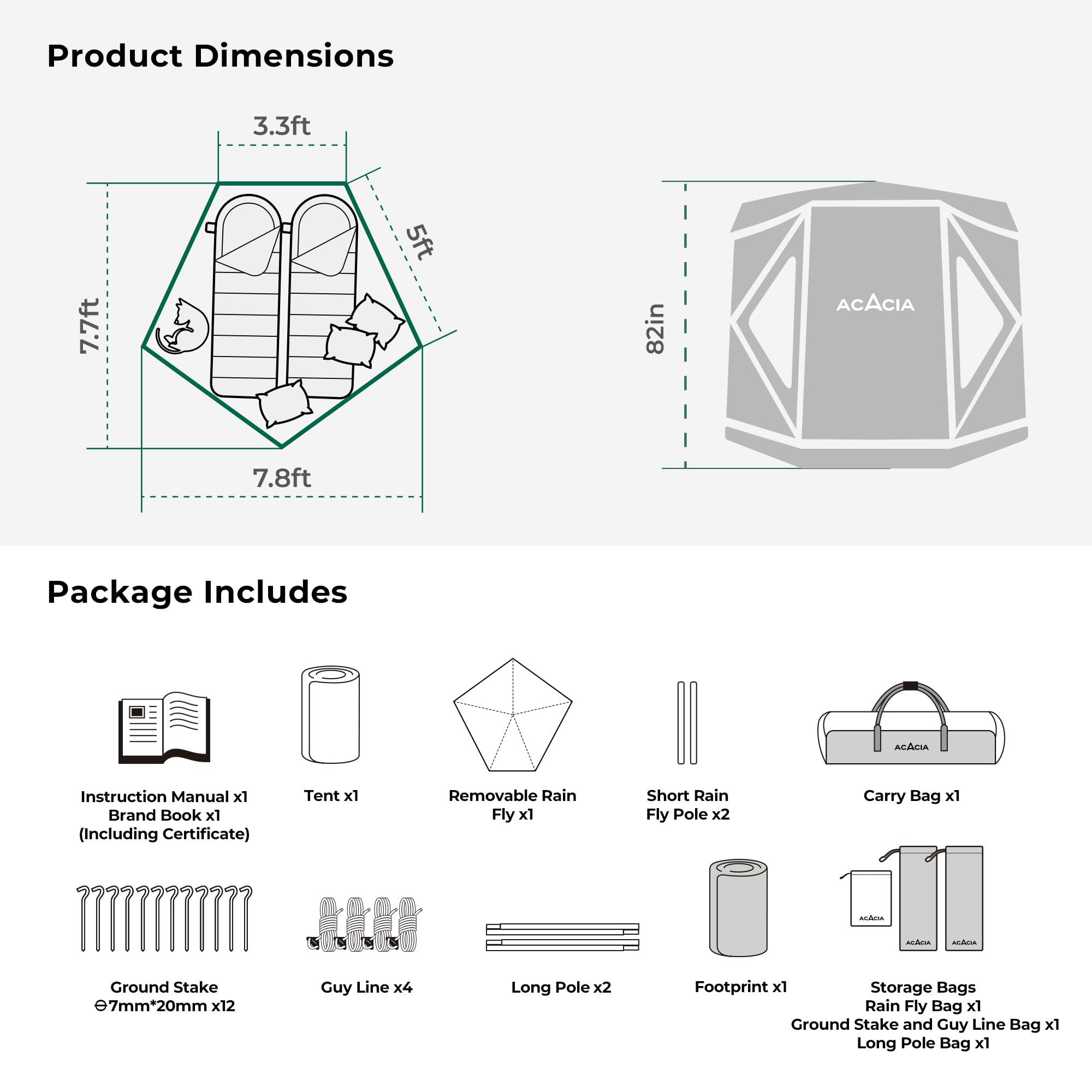 Acacia Space Tent, 2 To 3 Person Pop Up Camping Tent With 8 Windows And Footprint, Waterproof Windproof Easy Setup Hub Tent For