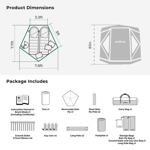 Acacia Space Tent, 2 To 3 Person Pop Up Camping Tent With 8 Windows And Footprint, Waterproof Windproof Easy Setup Hub Tent For