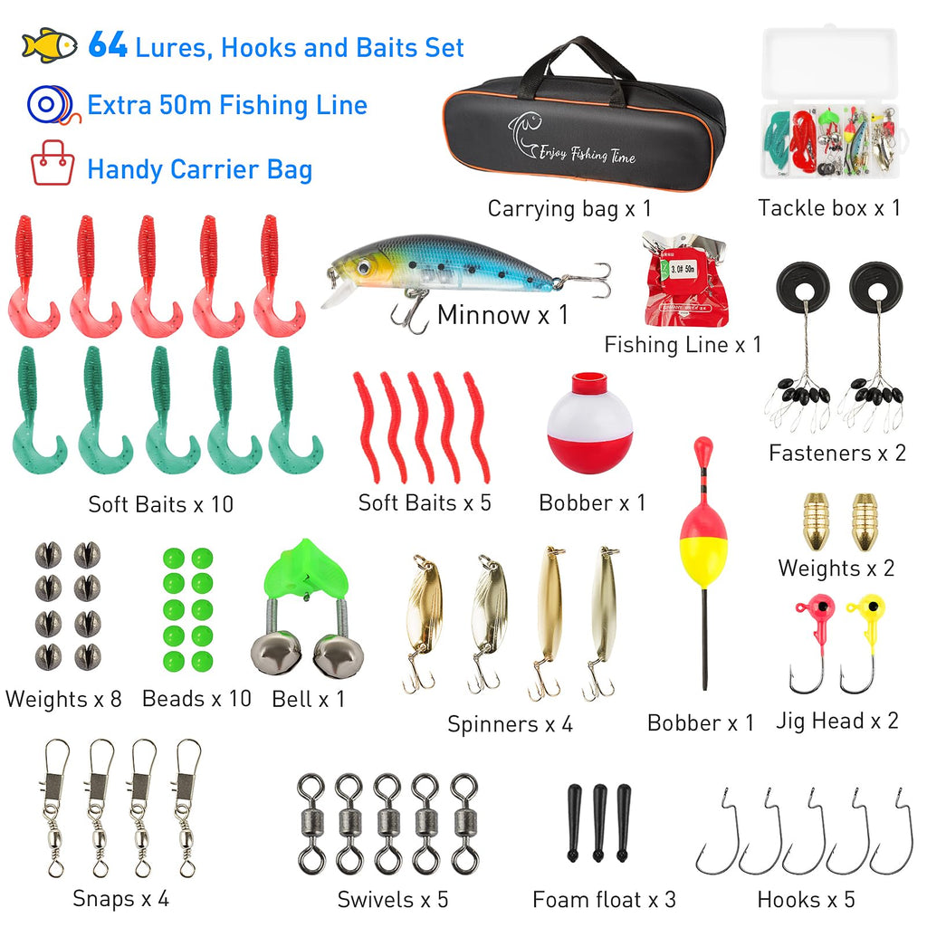 2Pack Kids Fishing Pole Kit, 59'' Telescopic Rod And Reel Beginner Combo With Spincast Reel,Tackle Box, Carrier Bag,Fishing Gear