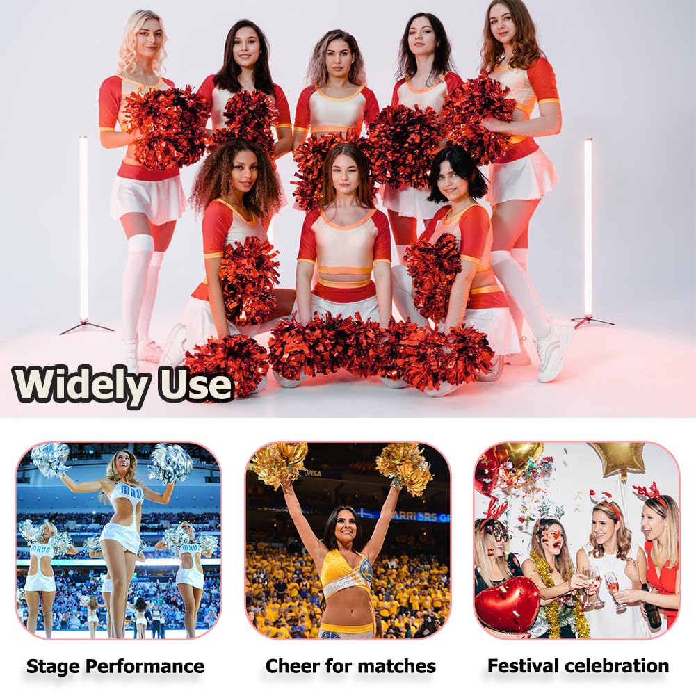 Hooshing 6Pcs Pom Poms Cheerleading Metallic Black And Red Cheer Pompoms With Baton Handle For Kids Adults Team Spirit Sports Da
