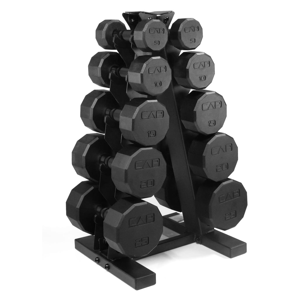 Cap Barbell 150 Lb Coated 12-Sided Black Handle Dumbbell Weight Set With Vertical Rack