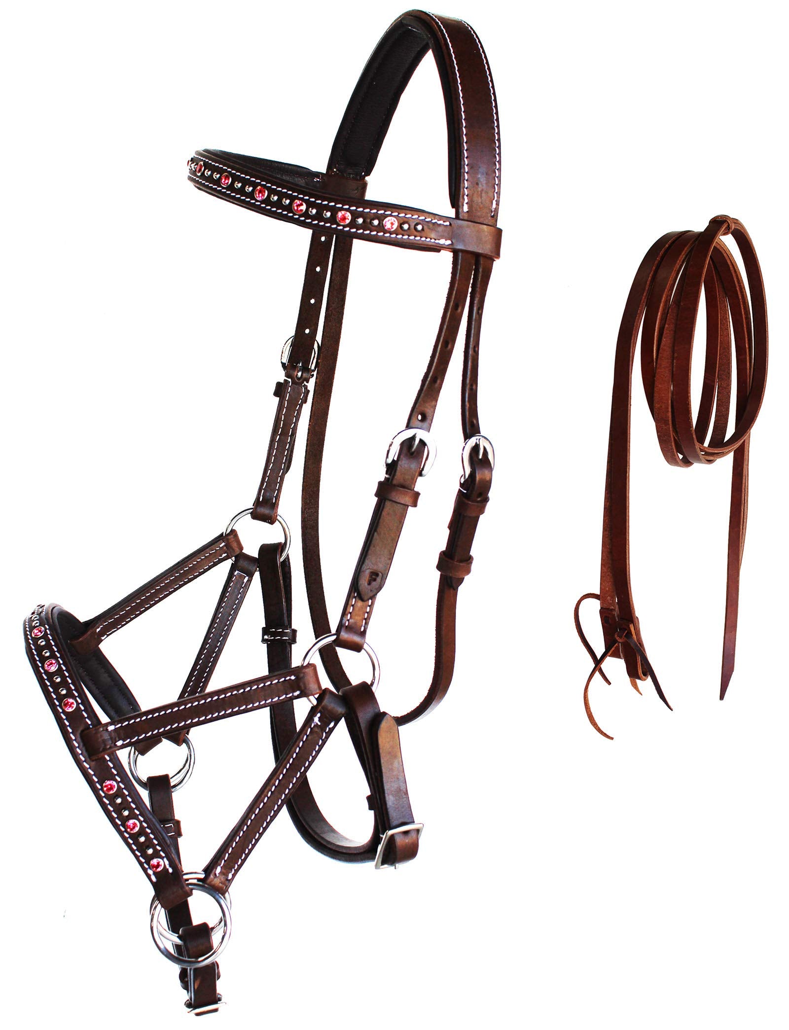 Challenger Horse Western Leather Tack Beaded Bitless Sidepull Bridle Reins Brown 77Rs07Pk