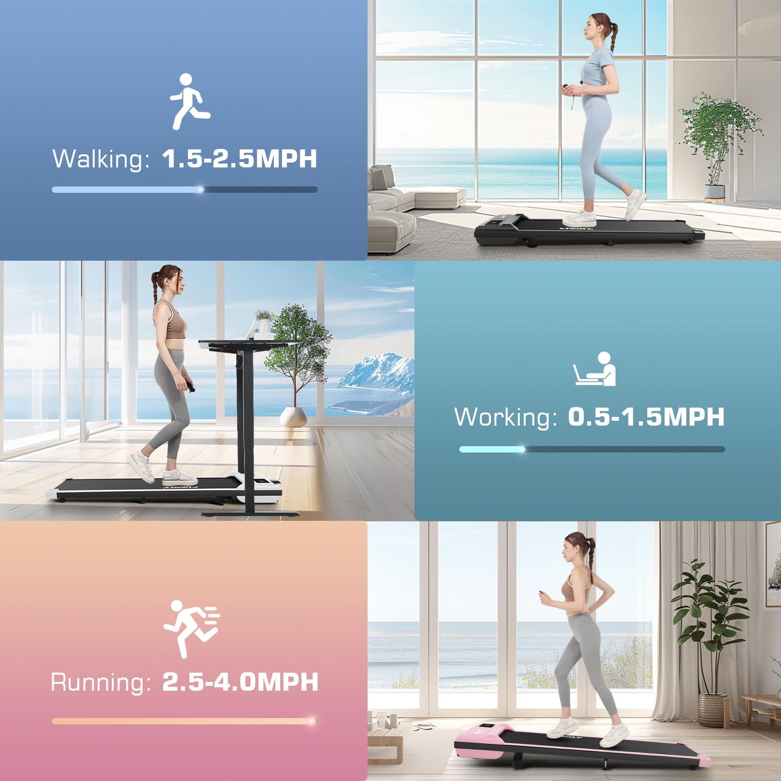 Incline Under Desk Treadmill,4 In 1 Walking Pad Treadmill For Home,2.5Hp Treadmill 300Lb Capacity,Folding Compact Treadmill With
