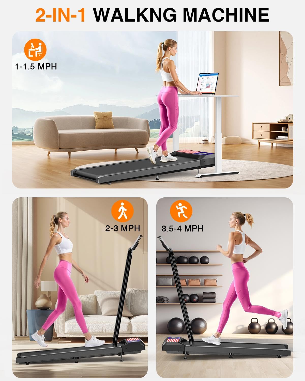 Walking Treadmill With Removable Handle,2.5Hp Portable Treadmills For Home And Office, 270Lbs Capacity Under Desk Treadmill With