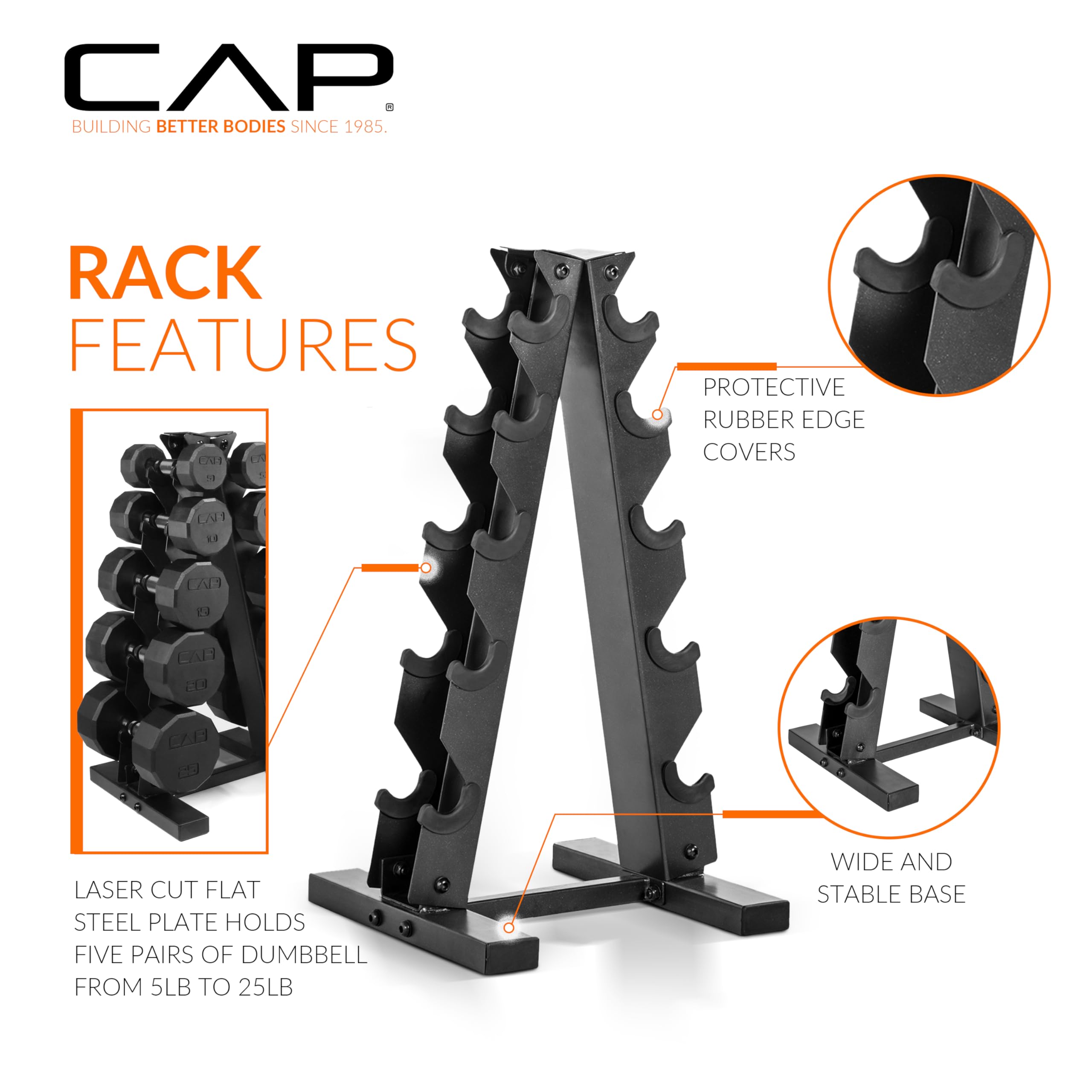 CAP Barbell 150 LB Black Handle Coated 12-Sided Dumbbell Set with Vertical White Rack