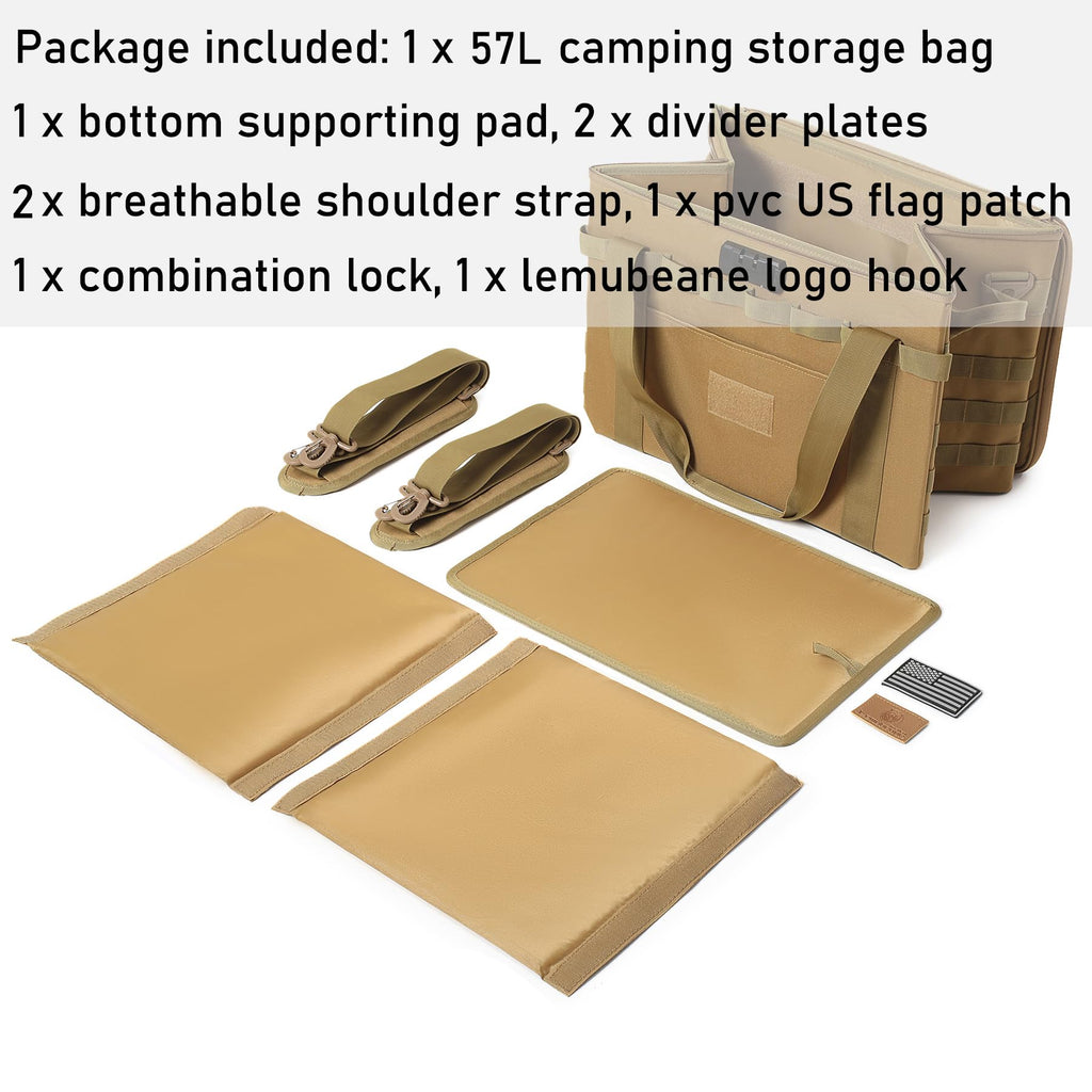 Lemubeane Tactical Camping Storage Bag - 57L Utility Tote Bag Organizer With Combination Lock And Shoulder Straps (Tan, 57L)