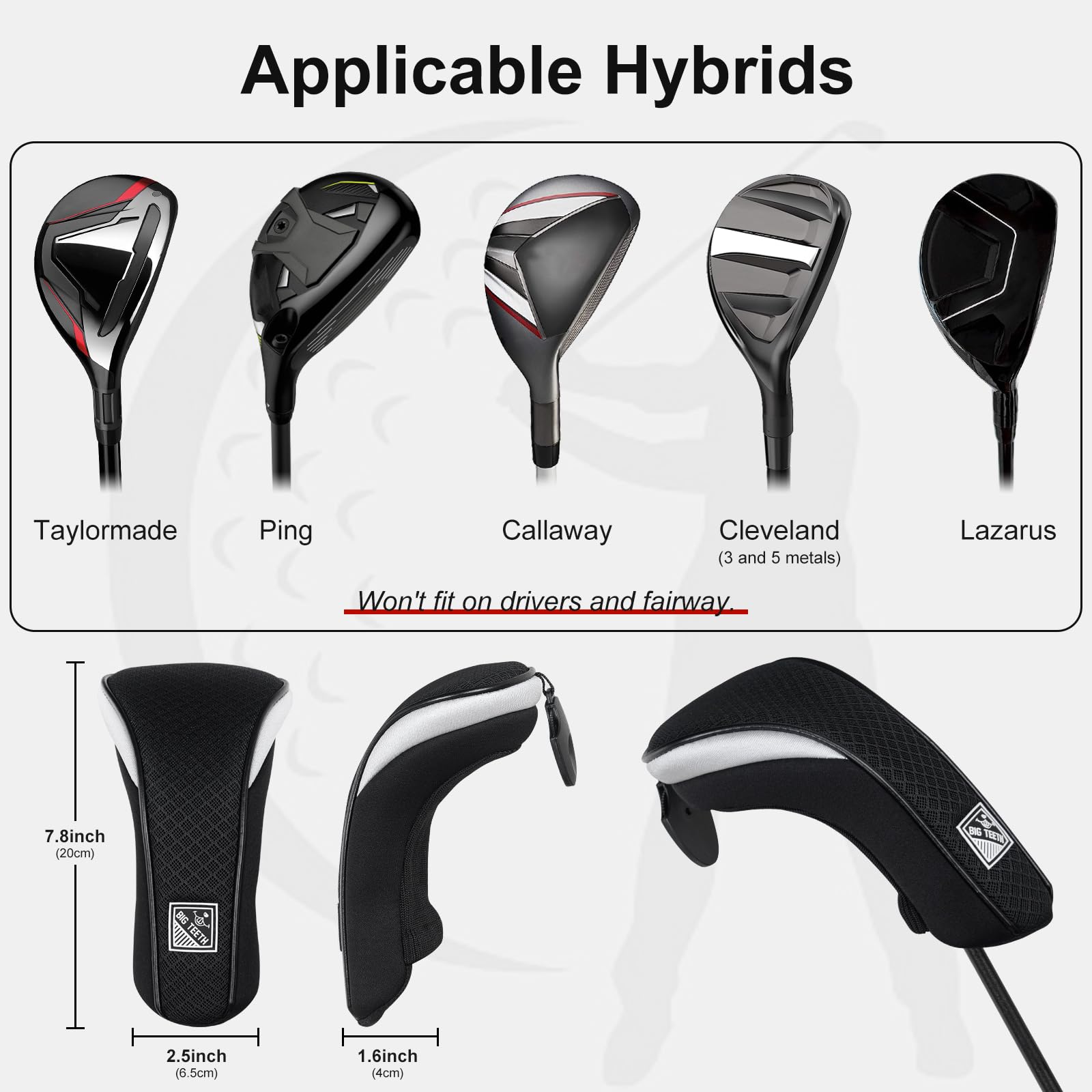 Big Teeth Golf Hybrid Head Covers Set Headcovers Utility Ut Club Protector Meshy With Interchangeable Number Tag (2 Pcs)