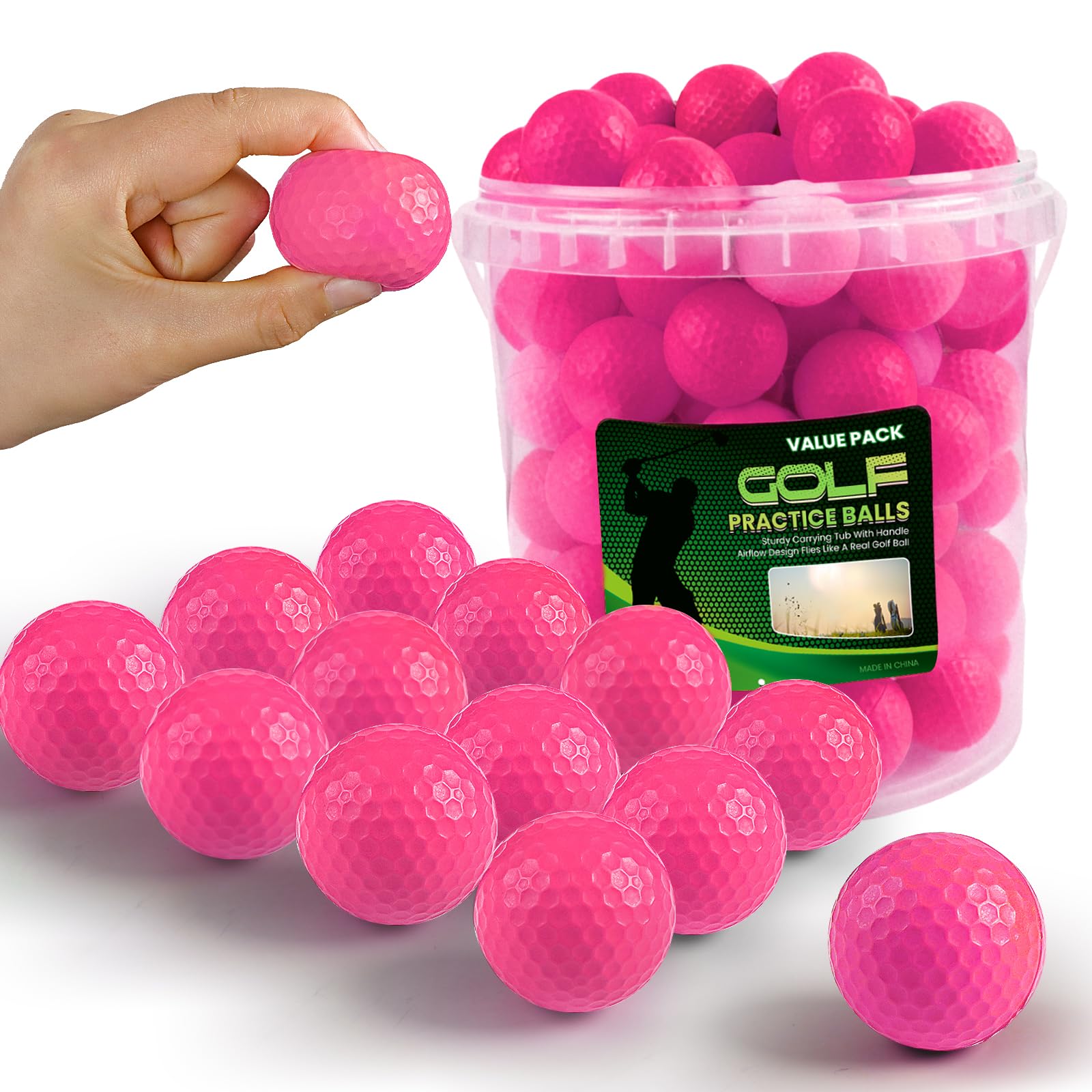 FINGER TEN Foam Golf Practice Balls Value 100 Pack with Bucket, Soft Lightweight & High-Visibility Mixed Colors Balls with Durab
